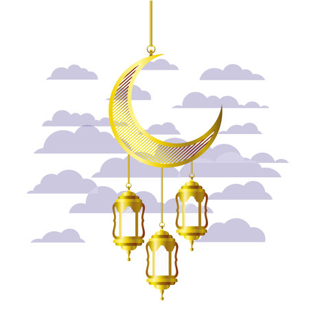 ramadan kareem lantern and moon hanging vector illustration designのイラスト素材