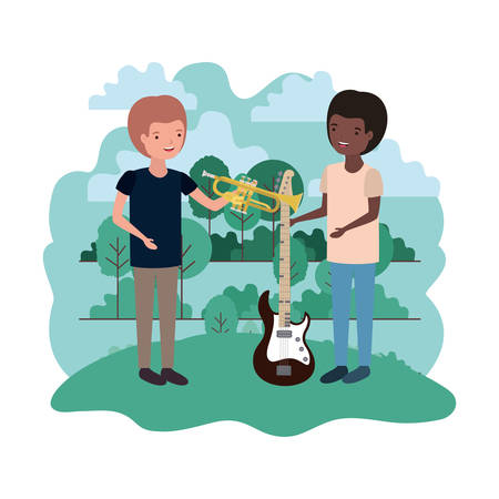 men with musical instruments in landscape vector illustration designのイラスト素材