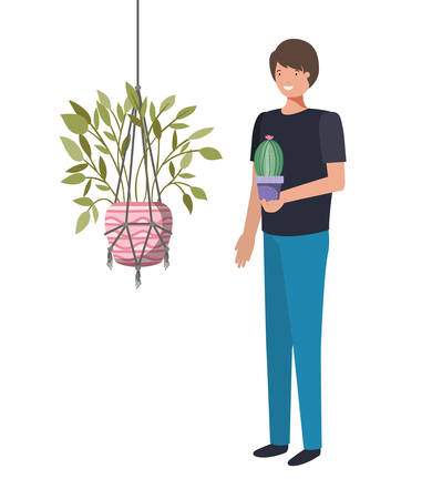 man with cactus in macrame hangers vector illustration designのイラスト素材
