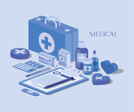 medical kit with order in checklist and set icons vector illustration designのイラスト素材