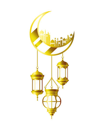 moon hanging with ramadan kareem mosque buildings vector illustration designのイラスト素材