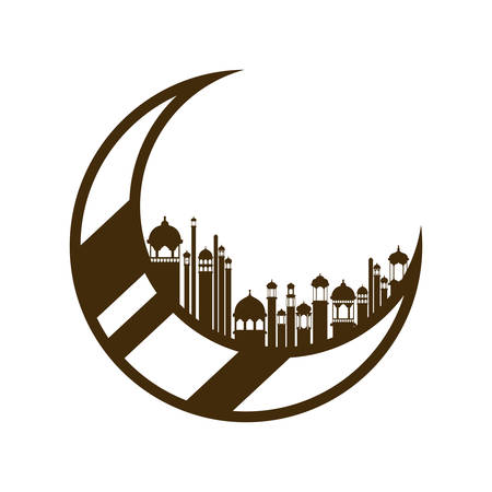moon hanging with ramadan kareem mosque buildings vector illustration designのイラスト素材