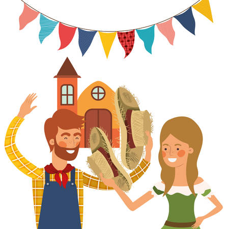 farmers couple talking with background houses vector illustration designのイラスト素材