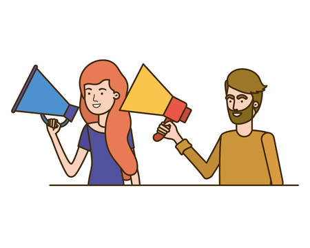 young couple in with megaphone in the hand vector illustration designのイラスト素材