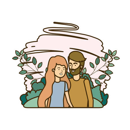 young couple with landscape avatar character vector illustration designのイラスト素材