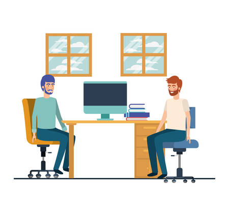 men sitting in the work office with white background vector illustration designのイラスト素材