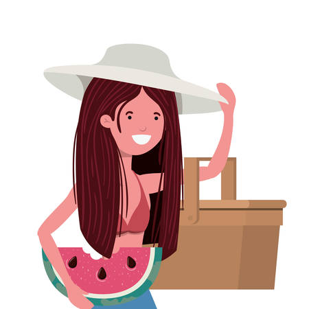 woman with swimsuit and portion of watermelon in hand vector illustration designのイラスト素材