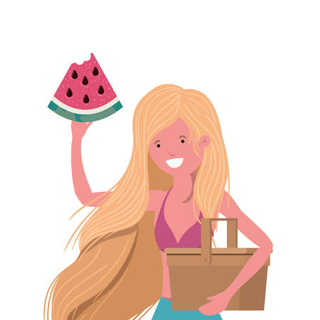 woman with swimsuit and portion of watermelon in hand vector illustration designのイラスト素材