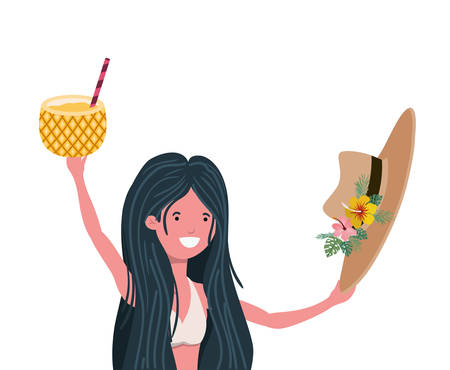 woman with swimsuit and Pineapple Cocktail in hand vector illustration designのイラスト素材