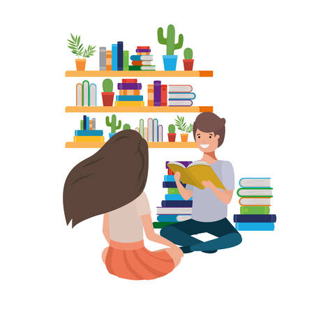 couple sitting with stack of books vector illustration designのイラスト素材