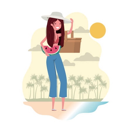woman with swimsuit and portion of watermelon in hand vector illustration designのイラスト素材