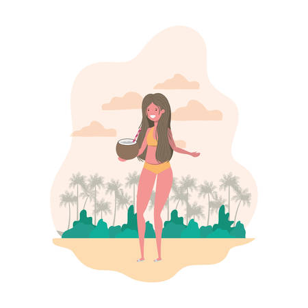 woman with swimsuit and coconut water in hand vector illustration designのイラスト素材