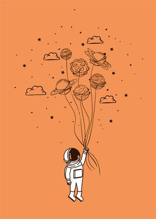 Astronaut draw with planets design, Spaceman galaxy cosmonaut universe space science and technology theme Vector illustrationのイラスト素材