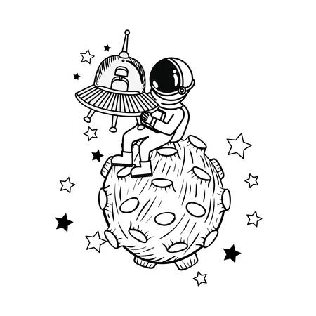 silhouette of astronaut and alien spacecraft in space vector illustration designのイラスト素材