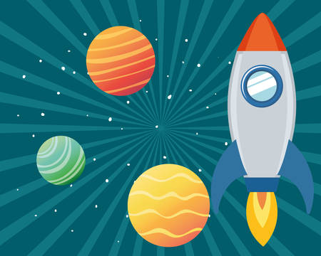 rocket in the space with planets of the solar system vector illustration designのイラスト素材