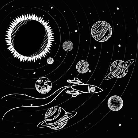 Rocket and planets draws design, Solar system space orbit galaxy universe and science theme Vector illustrationのイラスト素材