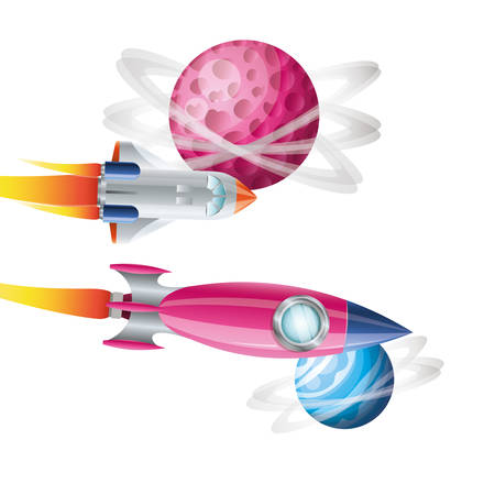 rockets flying with planets of the solar system background vector illustration designのイラスト素材