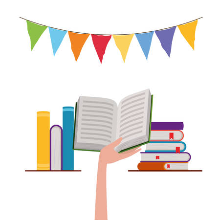Books hand and banner pennant design, Education literature read library school university and learning theme Vector illustrationのイラスト素材