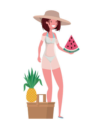 woman with swimsuit and portion of watermelon in hand vector illustration designのイラスト素材