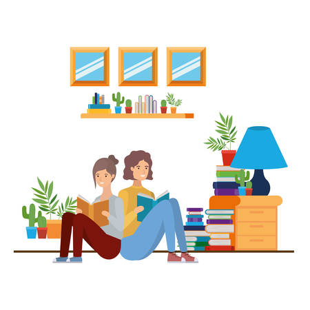 couple with book in hands in living room vector illustration designのイラスト素材