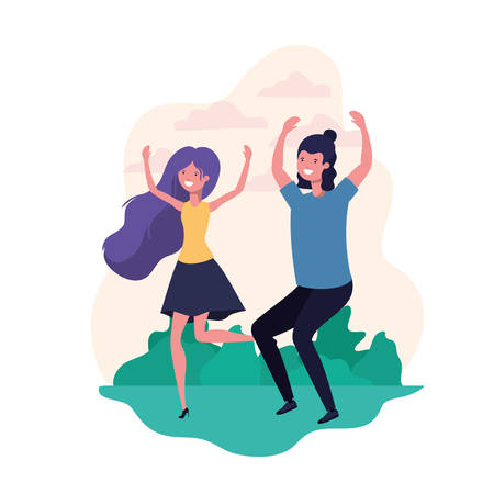 couple dancing in landscape with trees and plants vector illustration designのイラスト素材