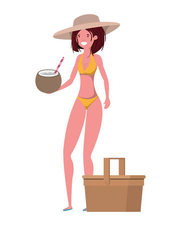 woman with swimsuit and coconut water in hand vector illustration designのイラスト素材