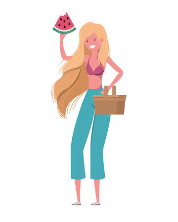 woman with swimsuit and portion of watermelon in hand vector illustration designのイラスト素材