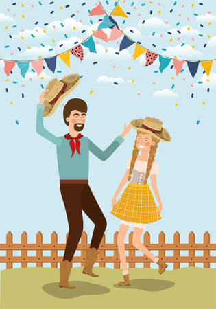 farmers couple celebrating with garlands and fence vector illustration designのイラスト素材