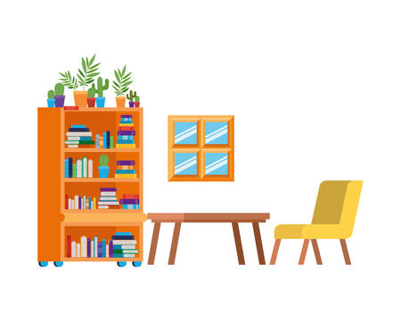 living room with couch and bookshelf of books vector illustration designのイラスト素材