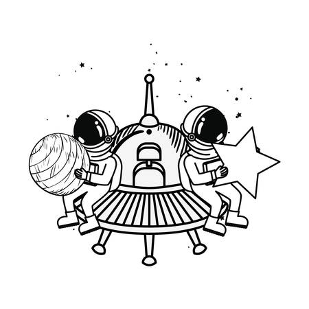 silhouette of astronaut and alien spacecraft in space vector illustration designのイラスト素材