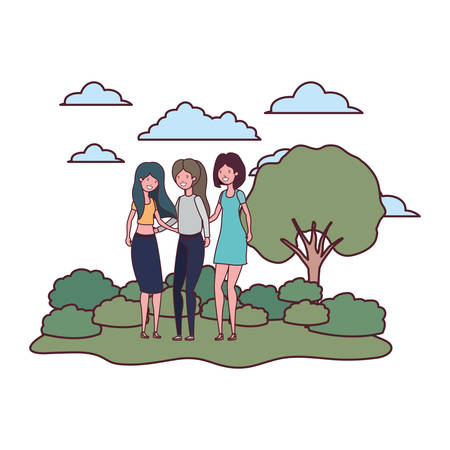 women dancing in landscape with trees and plants vector illustration designのイラスト素材