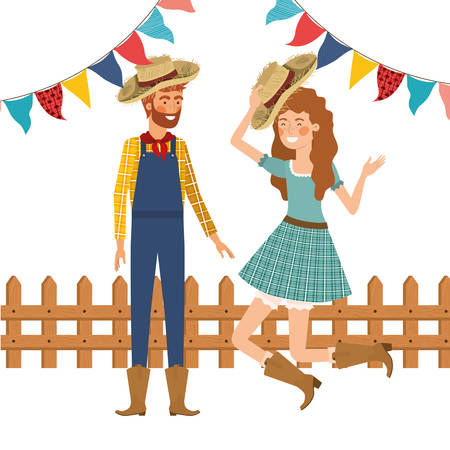 farmers couple dancing with straw hat vector illustration designのイラスト素材