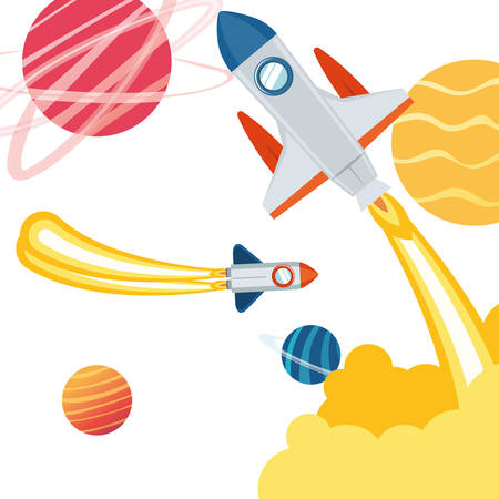 rocket in the space with planets of the solar system vector illustration designのイラスト素材