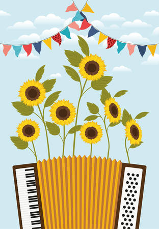 sunflowers garden with accordion and garlands scene vector illustration designのイラスト素材