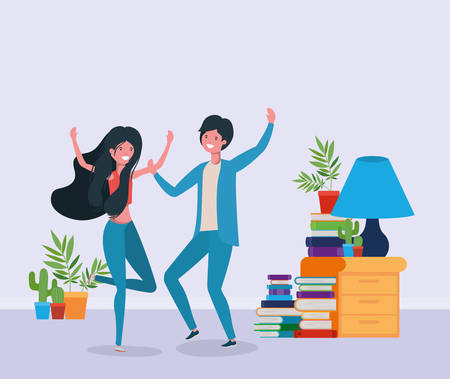 young couple dancing in the livingroom vector illustration designのイラスト素材