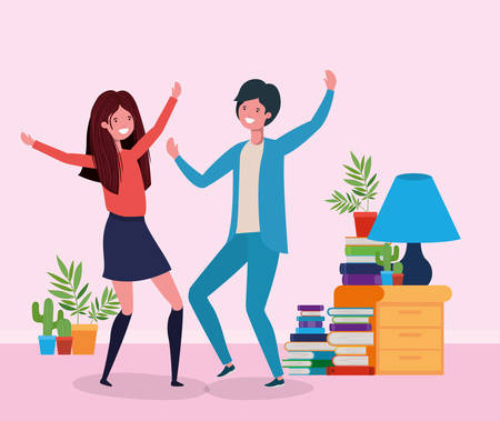 young couple dancing in the livingroom vector illustration designのイラスト素材