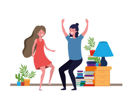 young couple dancing in living room character vector illustration designのイラスト素材