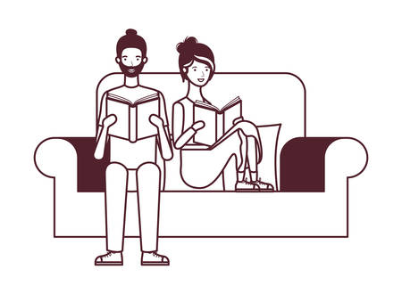 couple sitting on chair with book in hands vector illustration designのイラスト素材