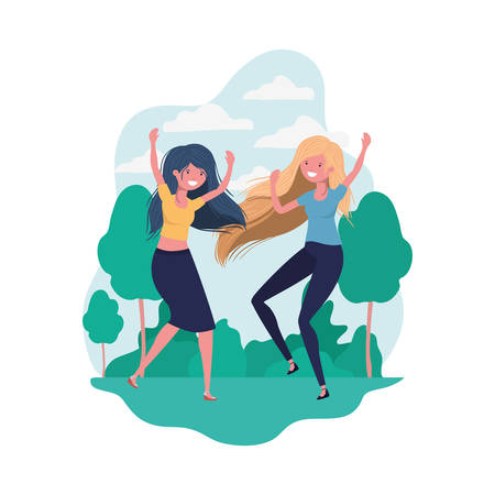 dancing women in landscape of background vector illustration designのイラスト素材