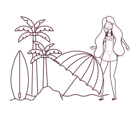 woman with swimsuit on the beach and umbrella vector illustration designのイラスト素材