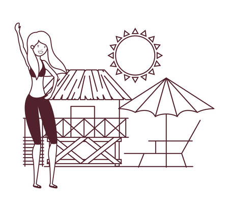 woman with swimsuit on the beach and wooden house vector illustration designのイラスト素材
