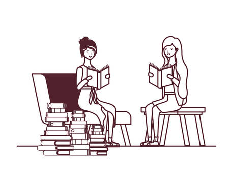 women sitting on chair with book in hands vector illustration designのイラスト素材
