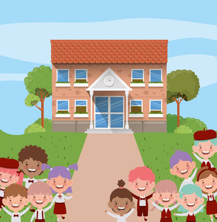 school building with interracial kids in the road scene vector illustration designのイラスト素材