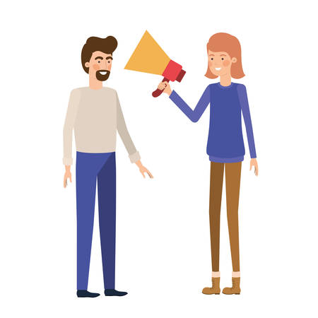 young couple in with megaphone in the hand vector illustration designのイラスト素材