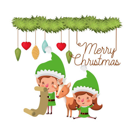 elves couple with list gifts and merry christmas time avatar character vector illustration designのイラスト素材