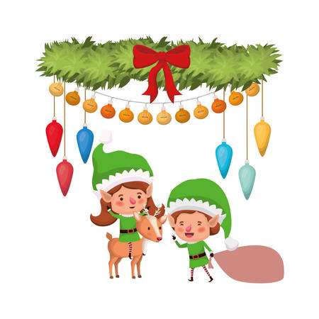 elves couple with reindeer and merry christmas time vector illustration designのイラスト素材