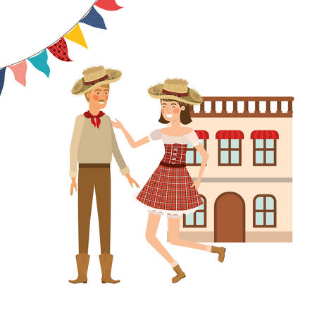 farmers couple dancing with background houses vector illustration designのイラスト素材