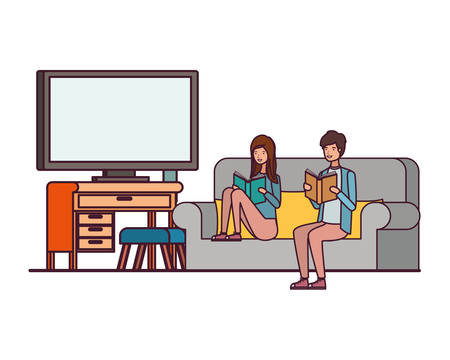 couple with book in hands in living room vector illustration designのイラスト素材