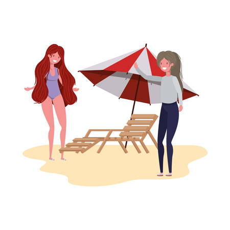 women standing in the beach with umbrella vector illustration designのイラスト素材
