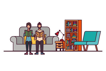 couple with book in hands in living room vector illustration designのイラスト素材